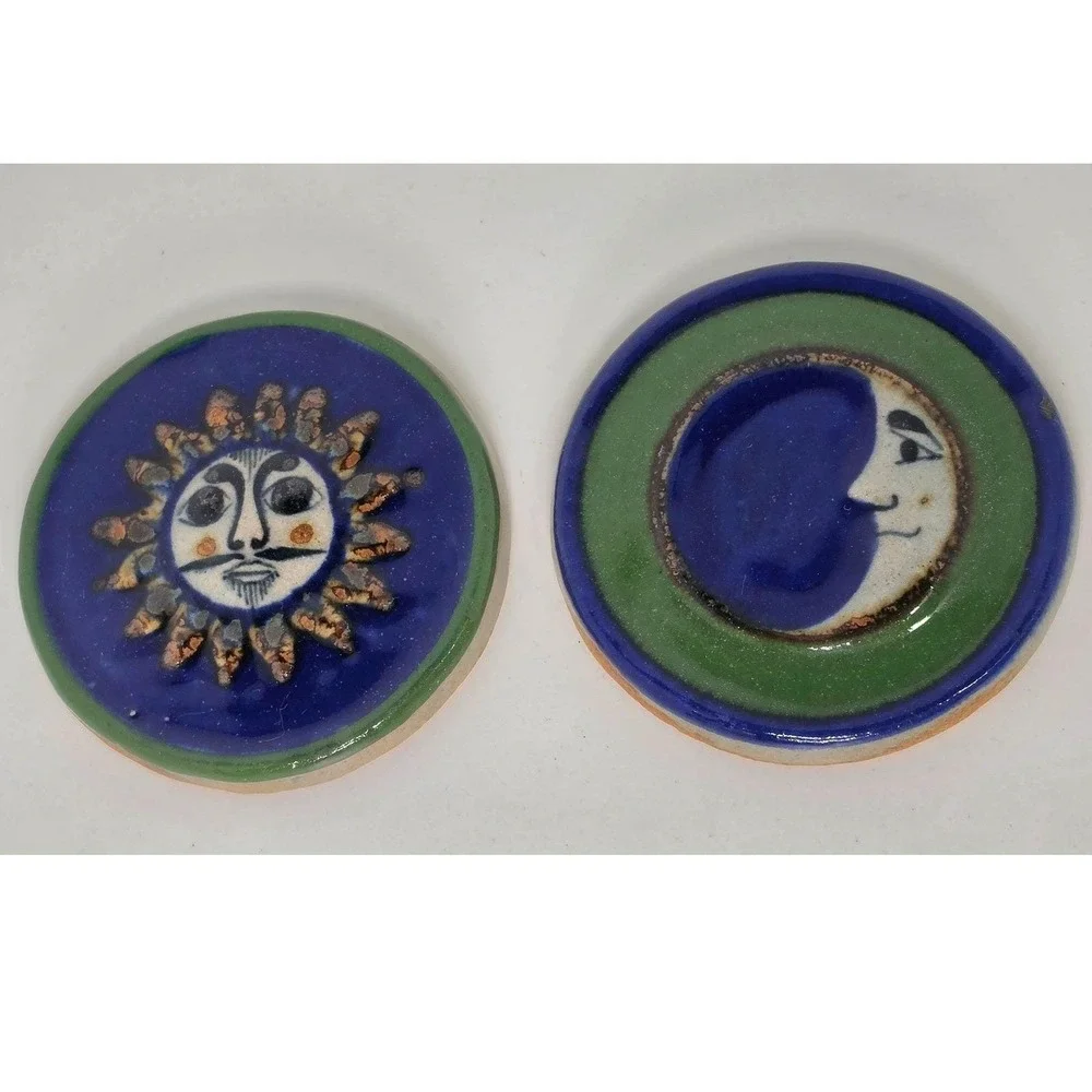 Mexican Stoneware Sun Moon Set Hand Painted Ornament Tile Celestial Y2K Aztec